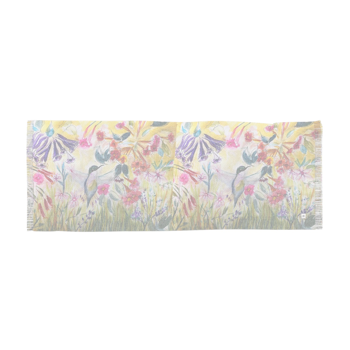 Colorful Scarf — Artistic Lightweight Neck Wrap- Hummingbird in a Tube Flower Garden