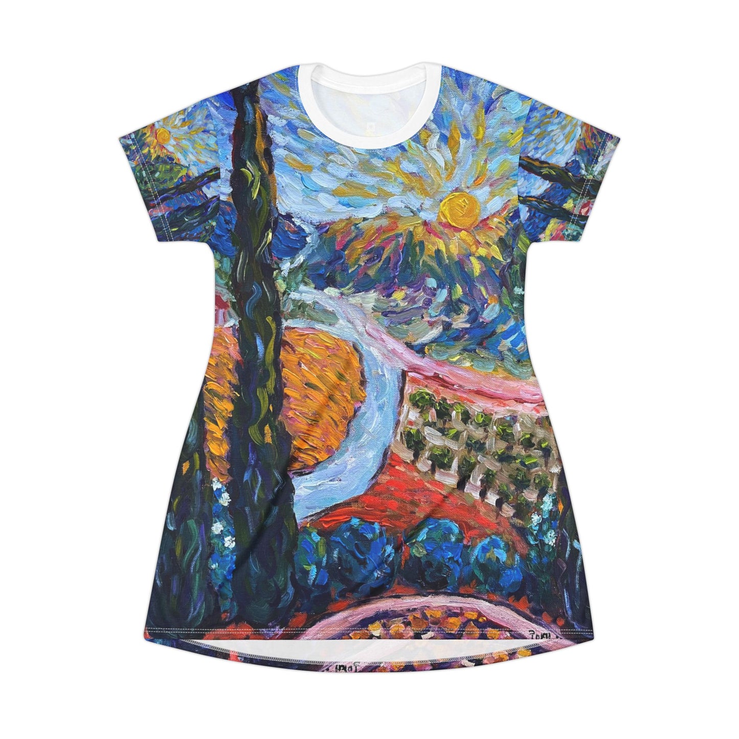 T-Shirt Dress (AOP)-Sunny Cypresses at Robert Renzoni