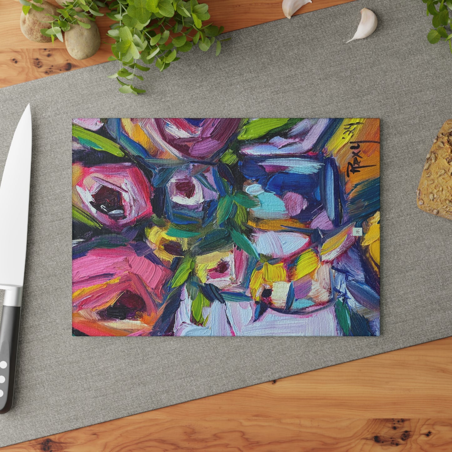 Abstract Roses and Yellow Warbler Bird Glass Cutting Board