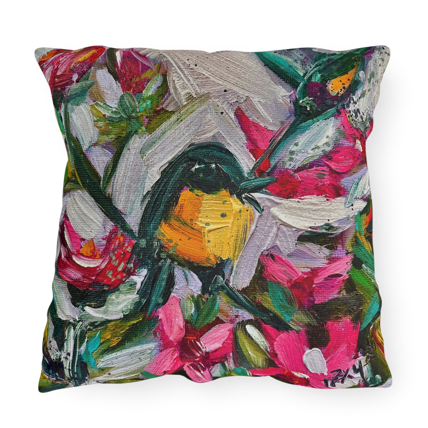 Outdoor Pillows-Colorful Encounter Goldfinch and Hummingbird