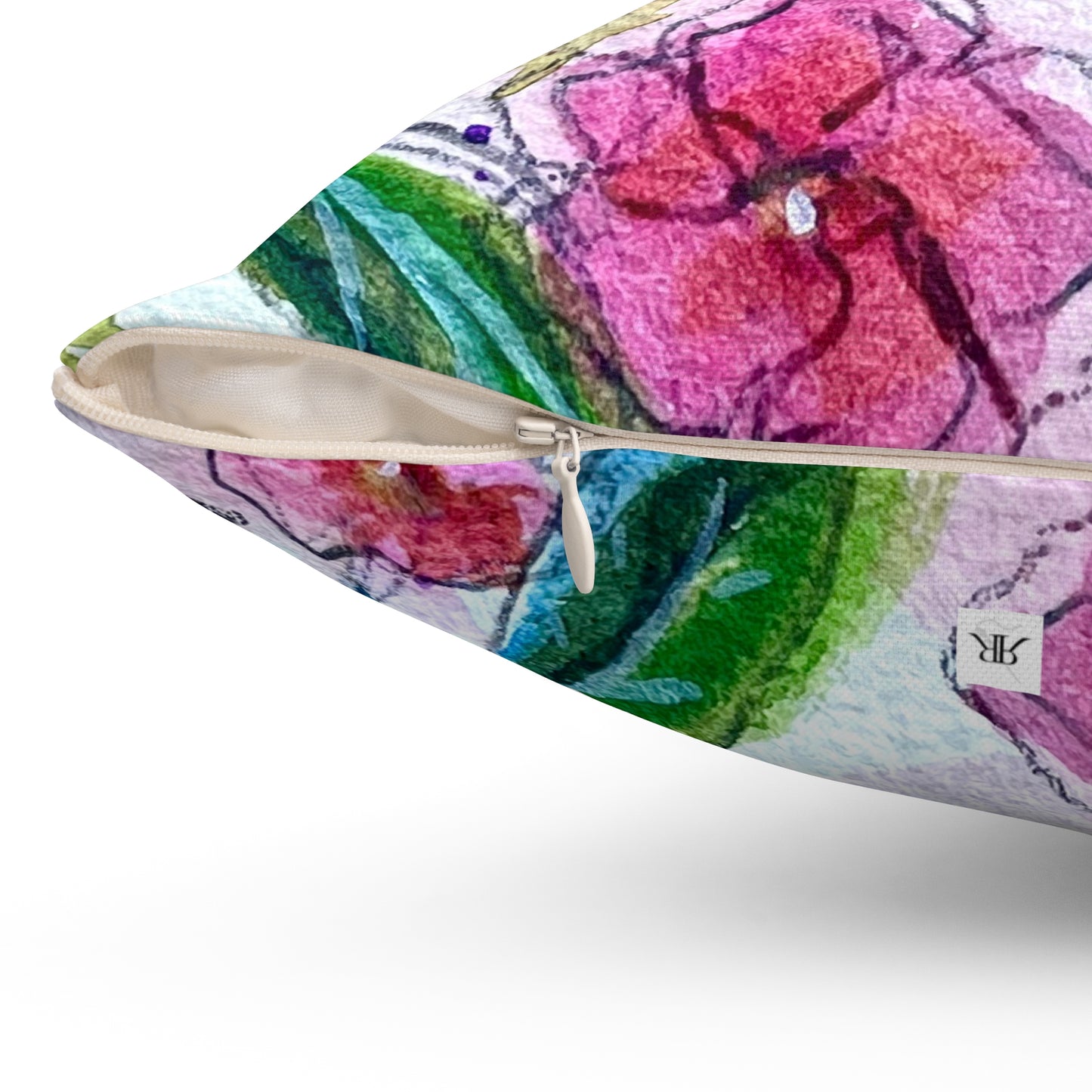 Annas Hummingbird with Pink Blossoms Throw Pillow — Bright Colorful Accent Pillow