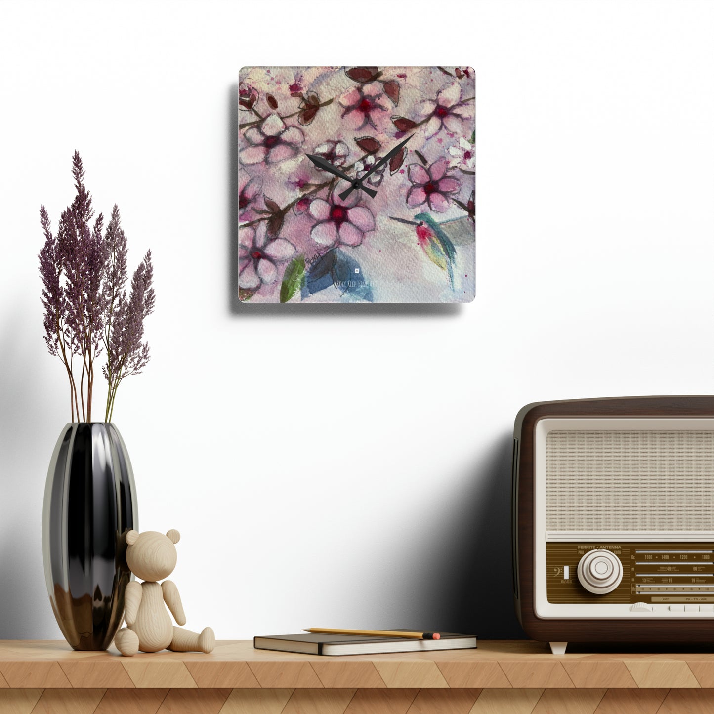 Hummingbird in Cherry Blossoms Acrylic Wall Clock