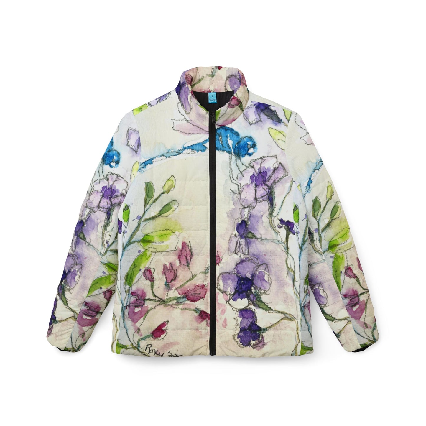 Women's Puffer Jacket - Roxy Rich Fine Art -Blue Dragonfly with Purple Tube Flowers