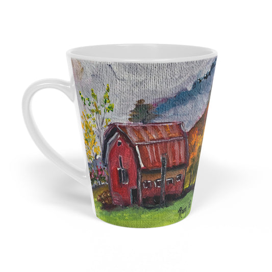 Misty Morning Red Barn en las montañas "¡Buenos días!" Taza para café con leche, 12 oz