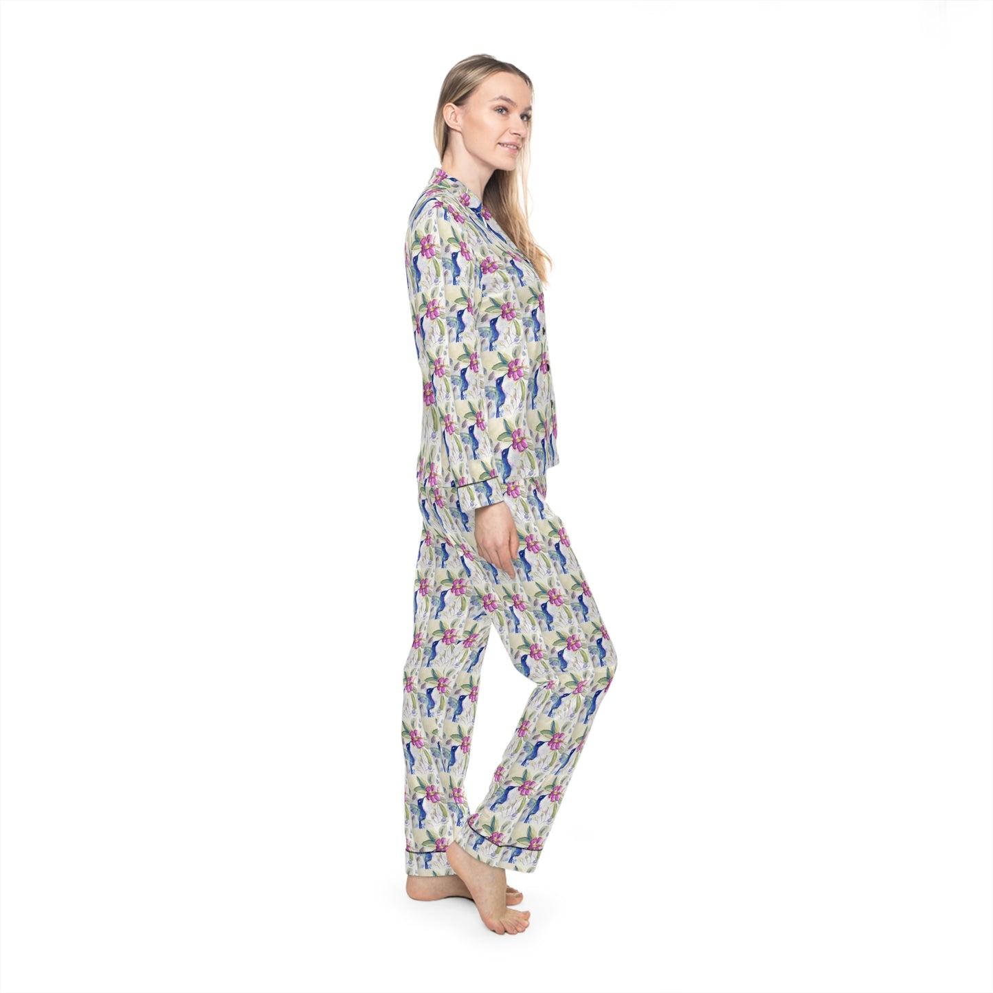 Satin Pajamas — Luxurious Silky Sleepwear Set- Hummingbird in Spring