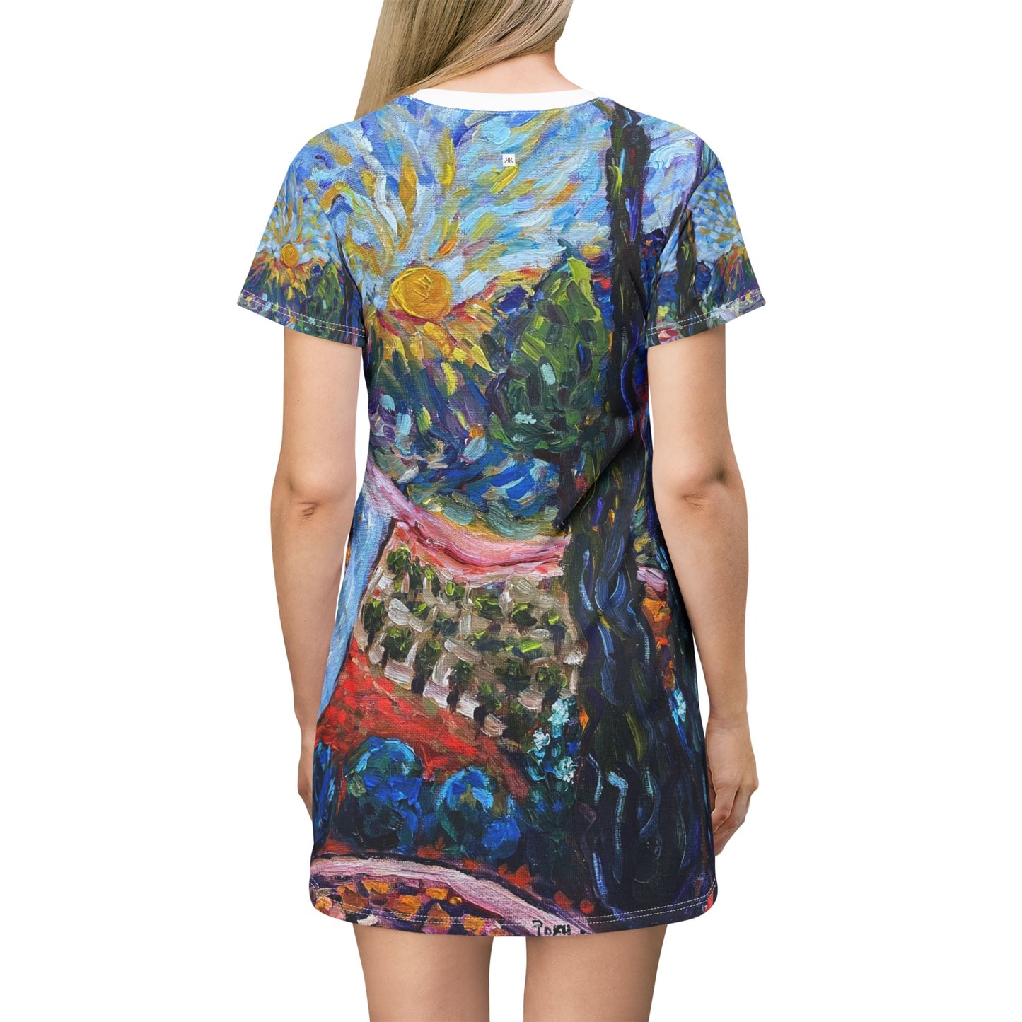 T-Shirt Dress (AOP)-Sunny Cypresses at Robert Renzoni