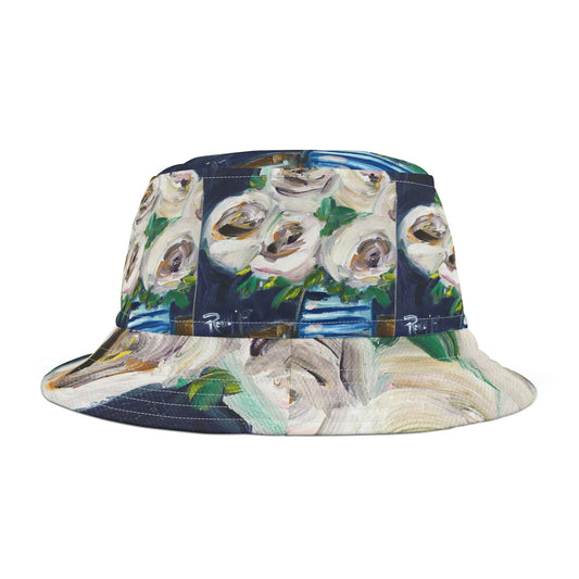 White Roses in a Striped Vase Bucket Hat