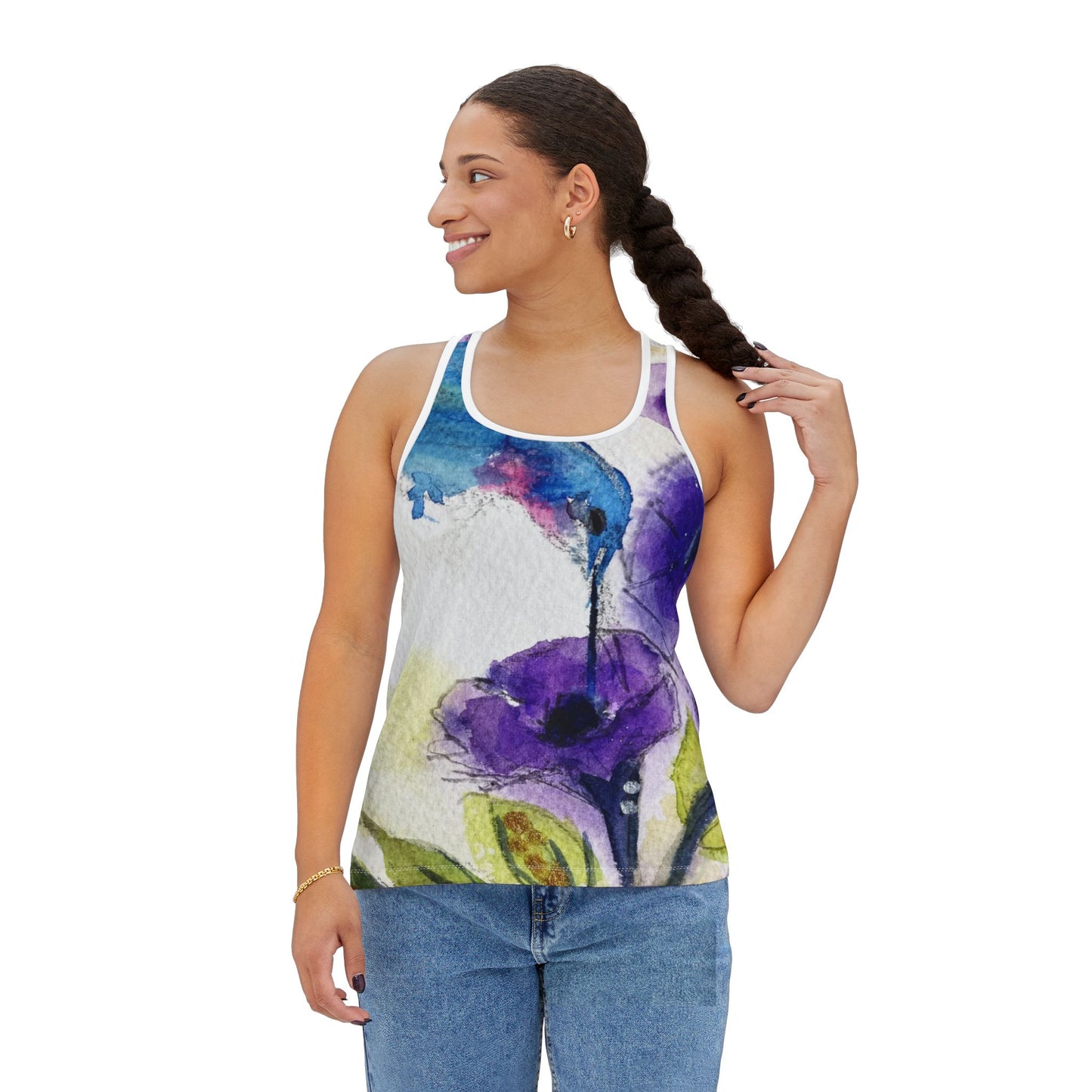 Women's Racerback Tank Top-Hummingbird in Purple Tube Flowers