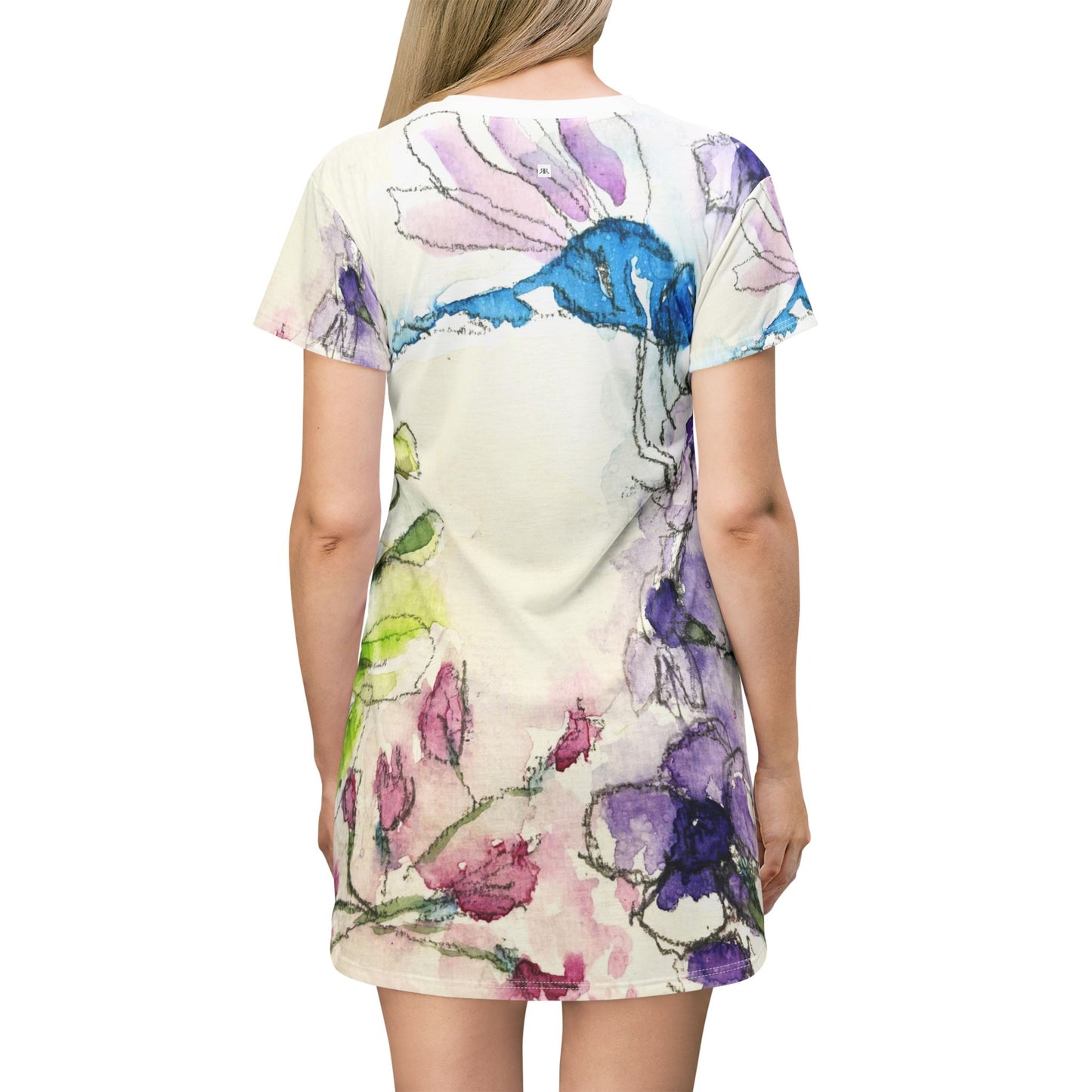 T-Shirt Dress -Blue Dragonfly in Purple Tube Flowers