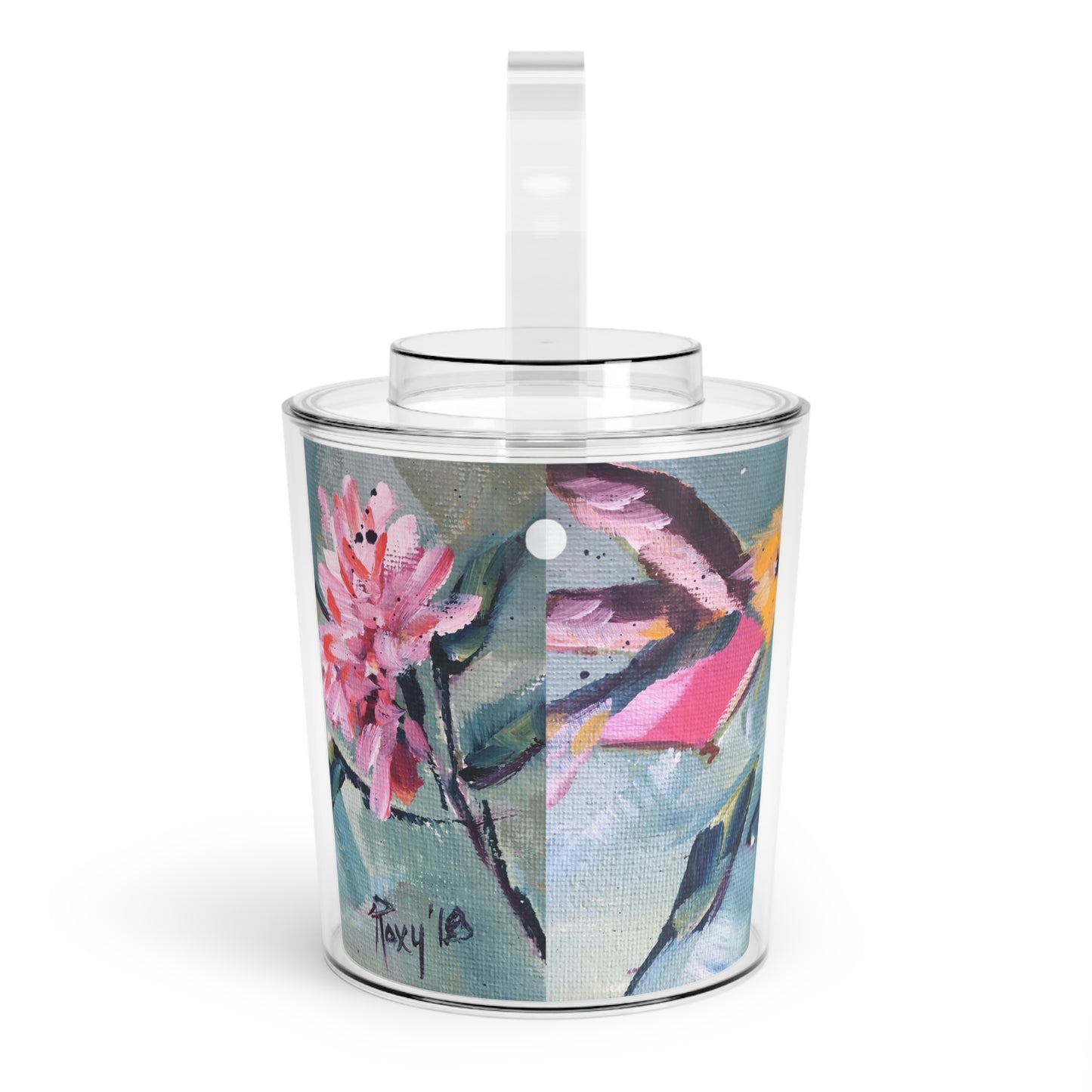 Pink Hummingbird Pink Flower Wine or Ice Bucket with Tongs