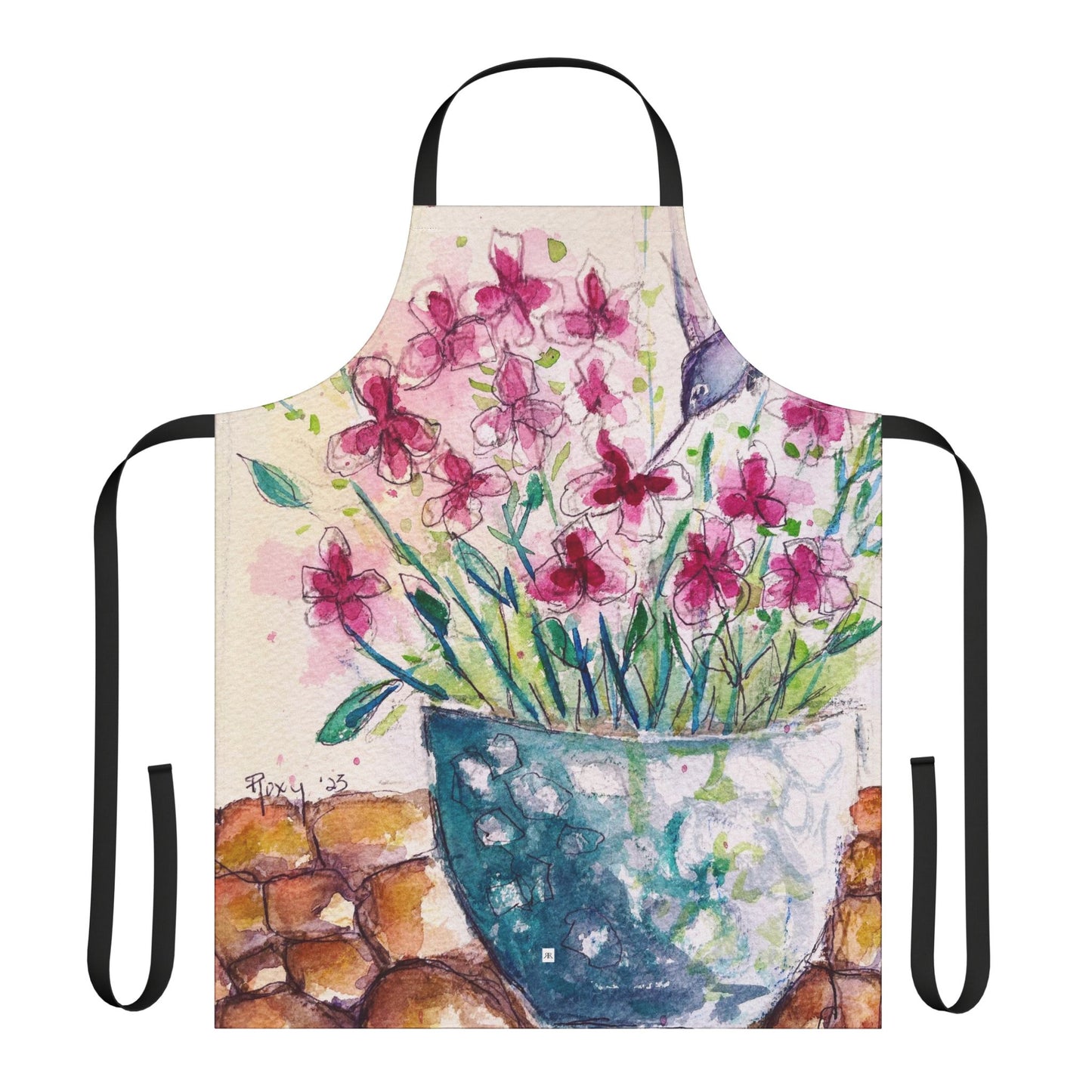 Whimsical Hummingbird in Salvia Blossoms Art Apron — "Choose Your Straps"