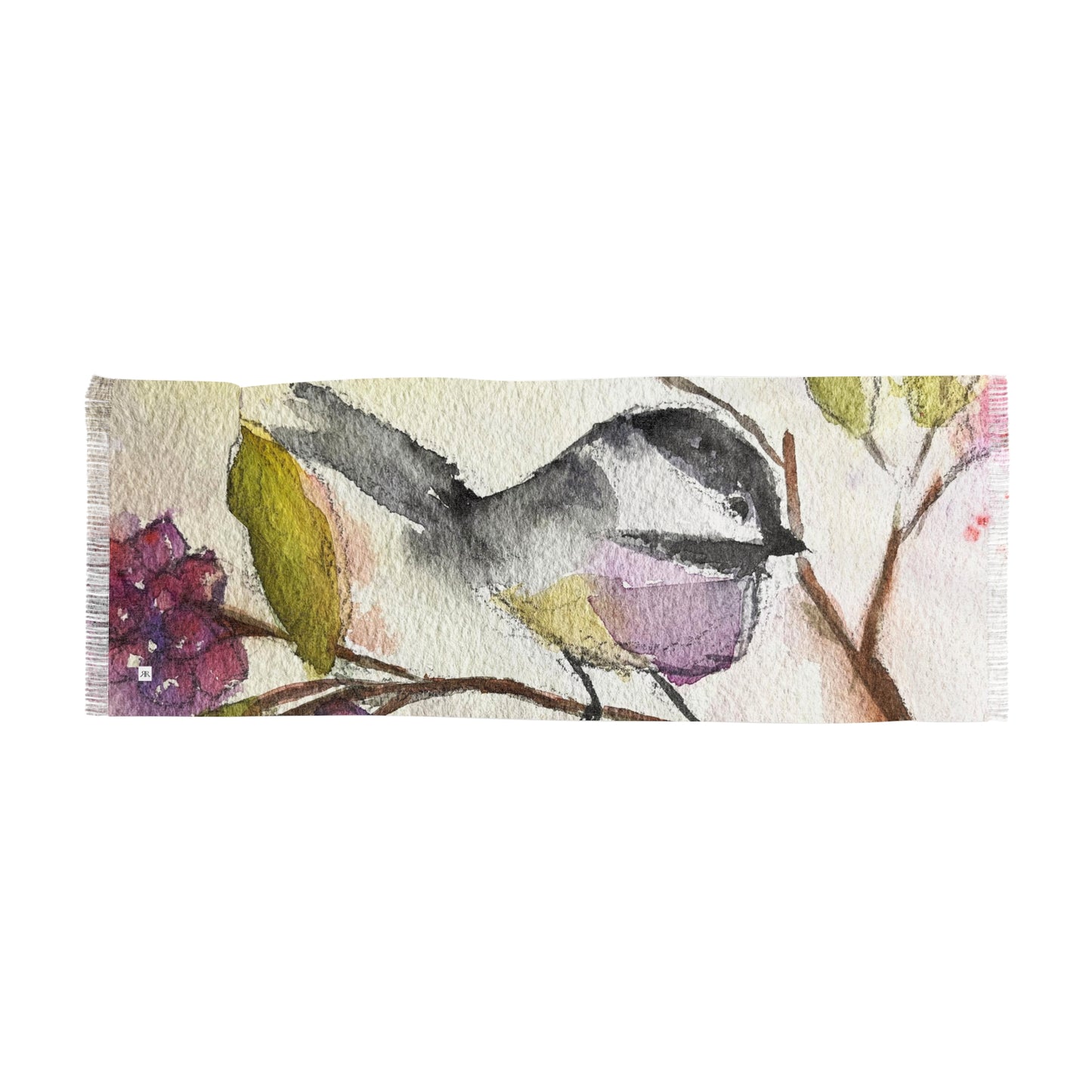 Colorful Scarf — Artistic Lightweight Neck Wrap- Chickadee in a Berry Tree-Large Print