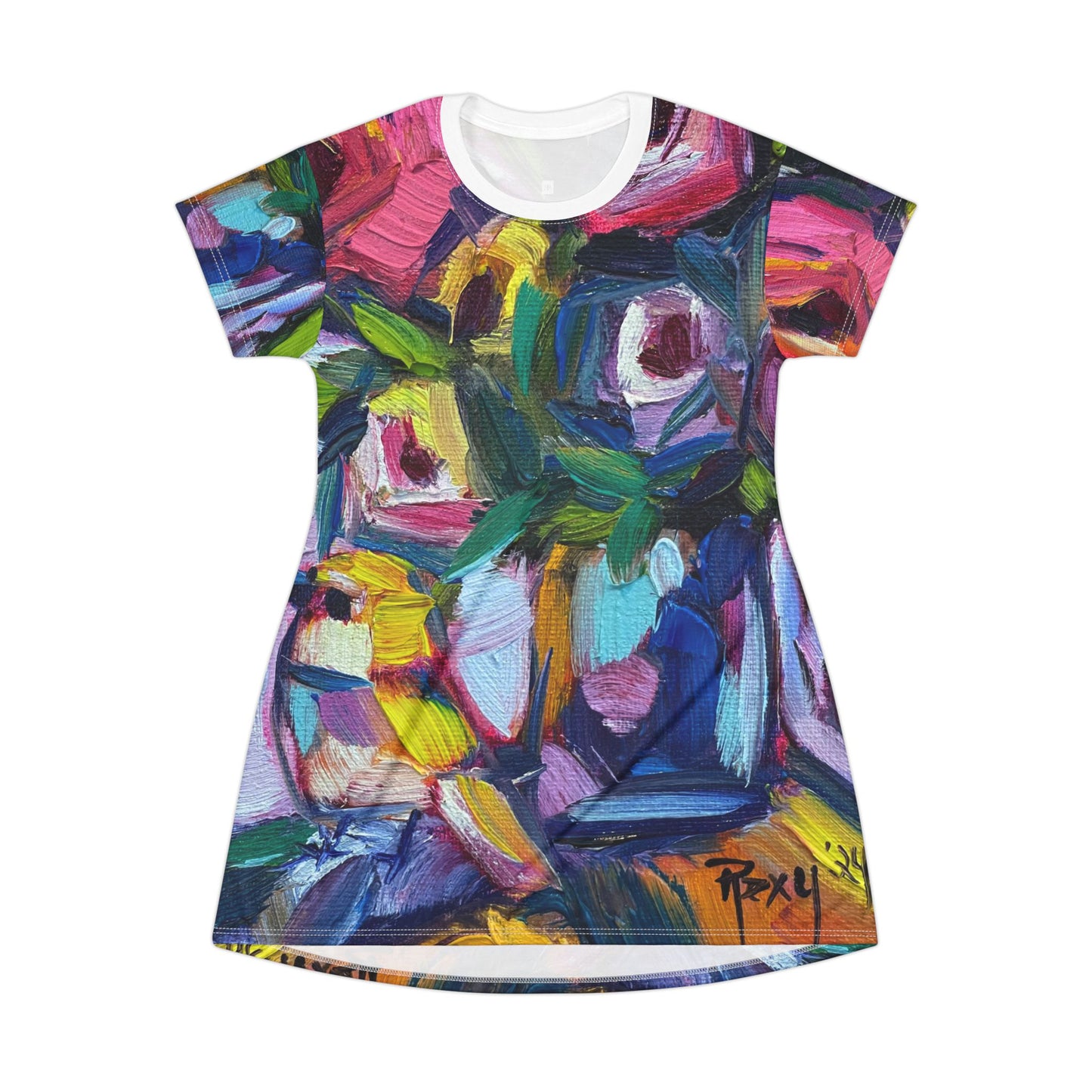 T-Shirt Dress (AOP)-Abstract Roses and Tit Bird