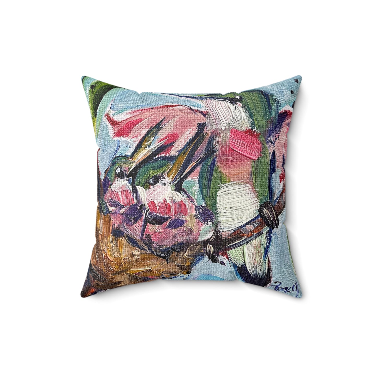 Hungry Hummers (Hummingbird at Nest with Babies) Indoor Spun Polyester Square Pillow