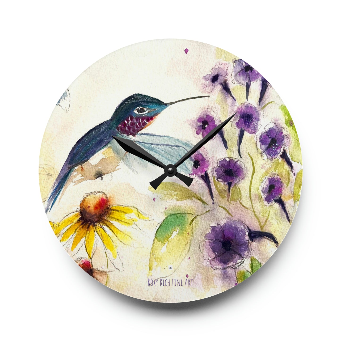 Happy Hummingbird with Purple Trumpet Vine Bush Acrylic Wall Clock