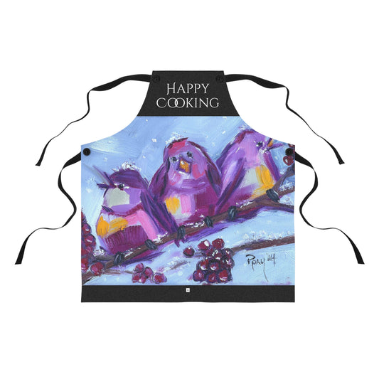 Apron-Three Whimsical Chirpy Birds on a Snowy Branch-"Happy Cooking"