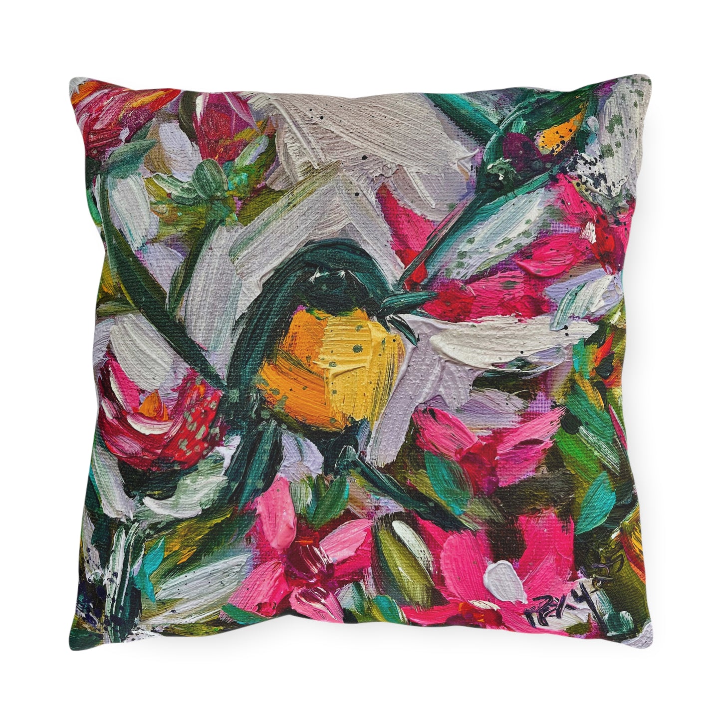 Outdoor Pillows-Colorful Encounter Goldfinch and Hummingbird