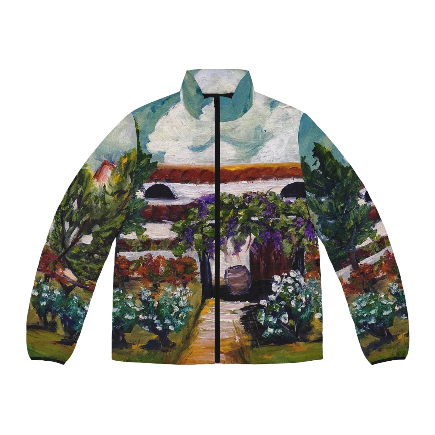 Men's Puffer Jacket - Roxy Rich Art, Unique Bright Colors-Somerset Vineyard and Winery