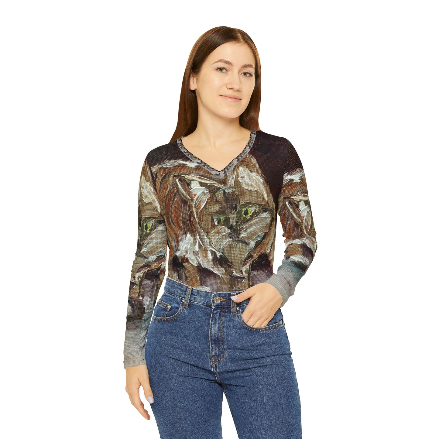 Long Sleeve Shirt- Toulouse Tabby Kitten- V-neck Women's