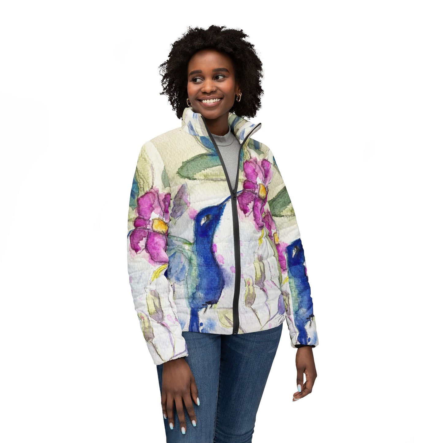 Women's Puffer Jacket - Roxy Rich Fine Art Design-Hummingbird in Spring