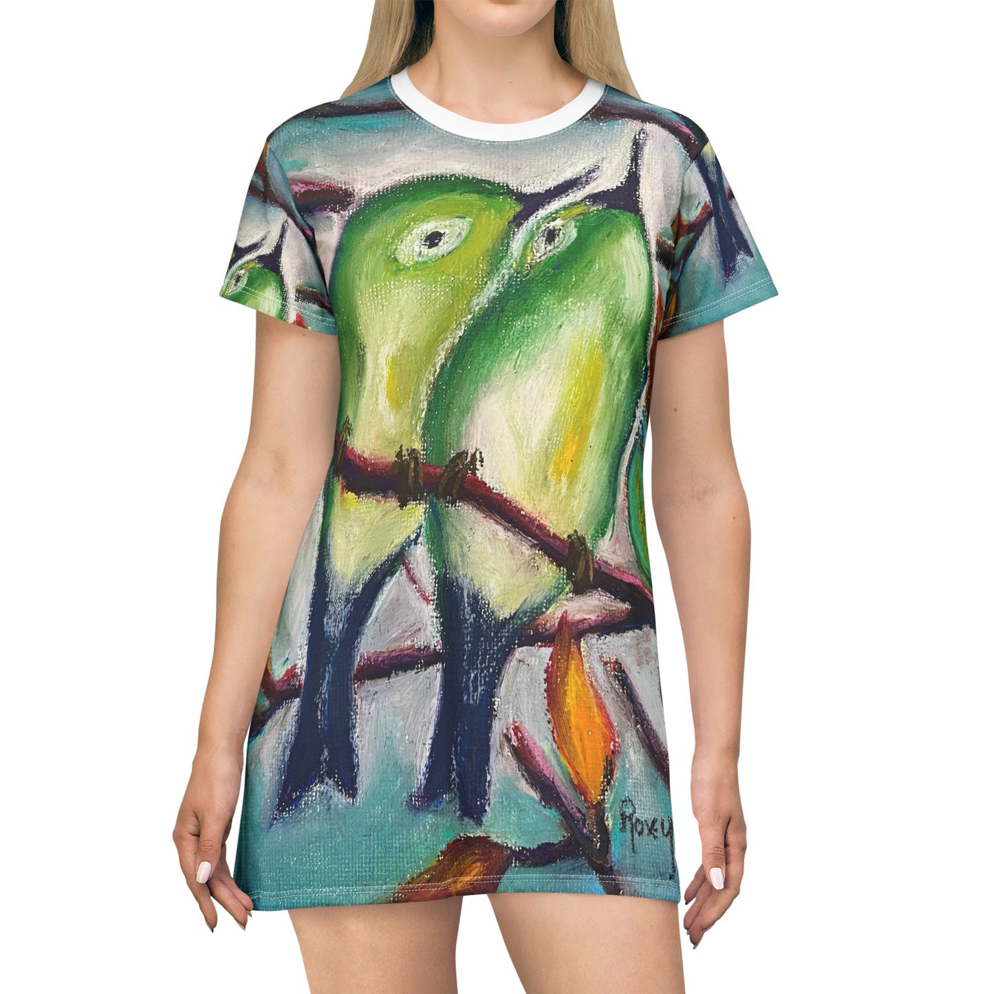 T-Shirt Dress (AOP)-Cuddling Warblers-Love Birds