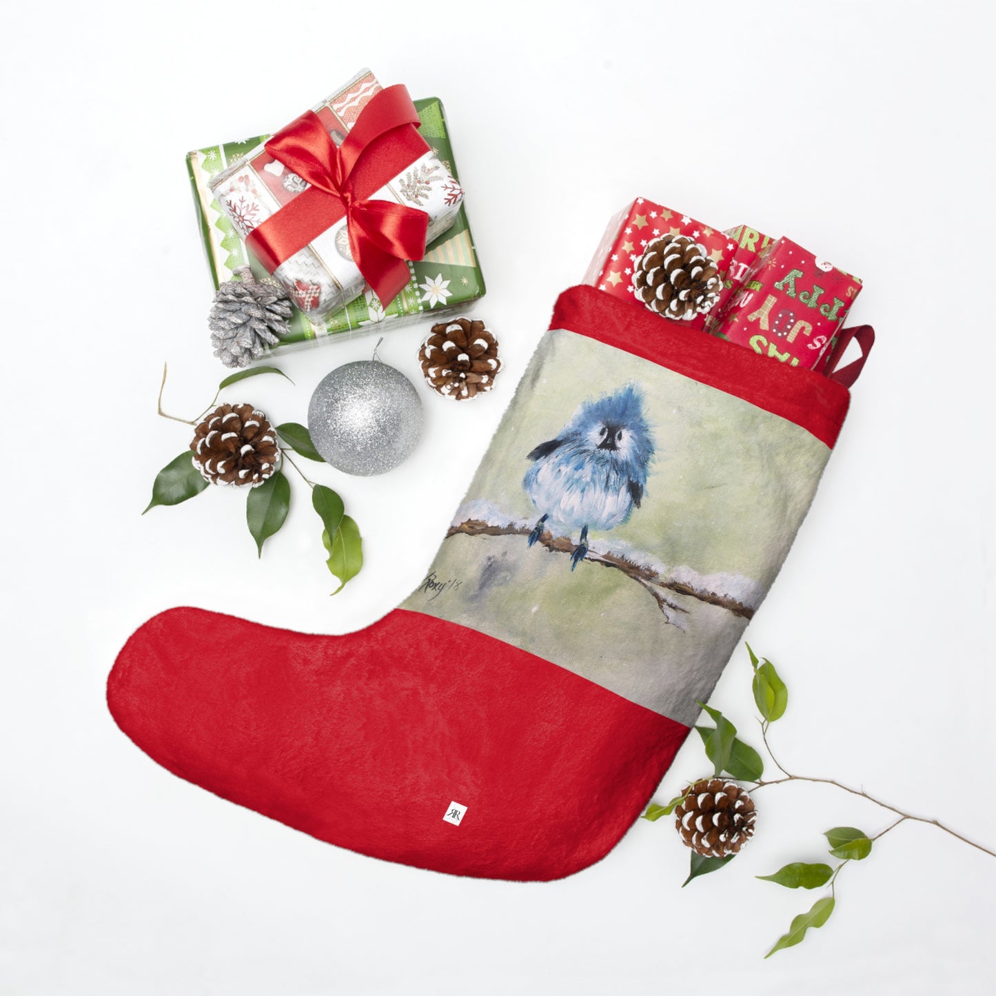 Adorable Fluffy Mountain Bluebird in Snow Christmas Stocking