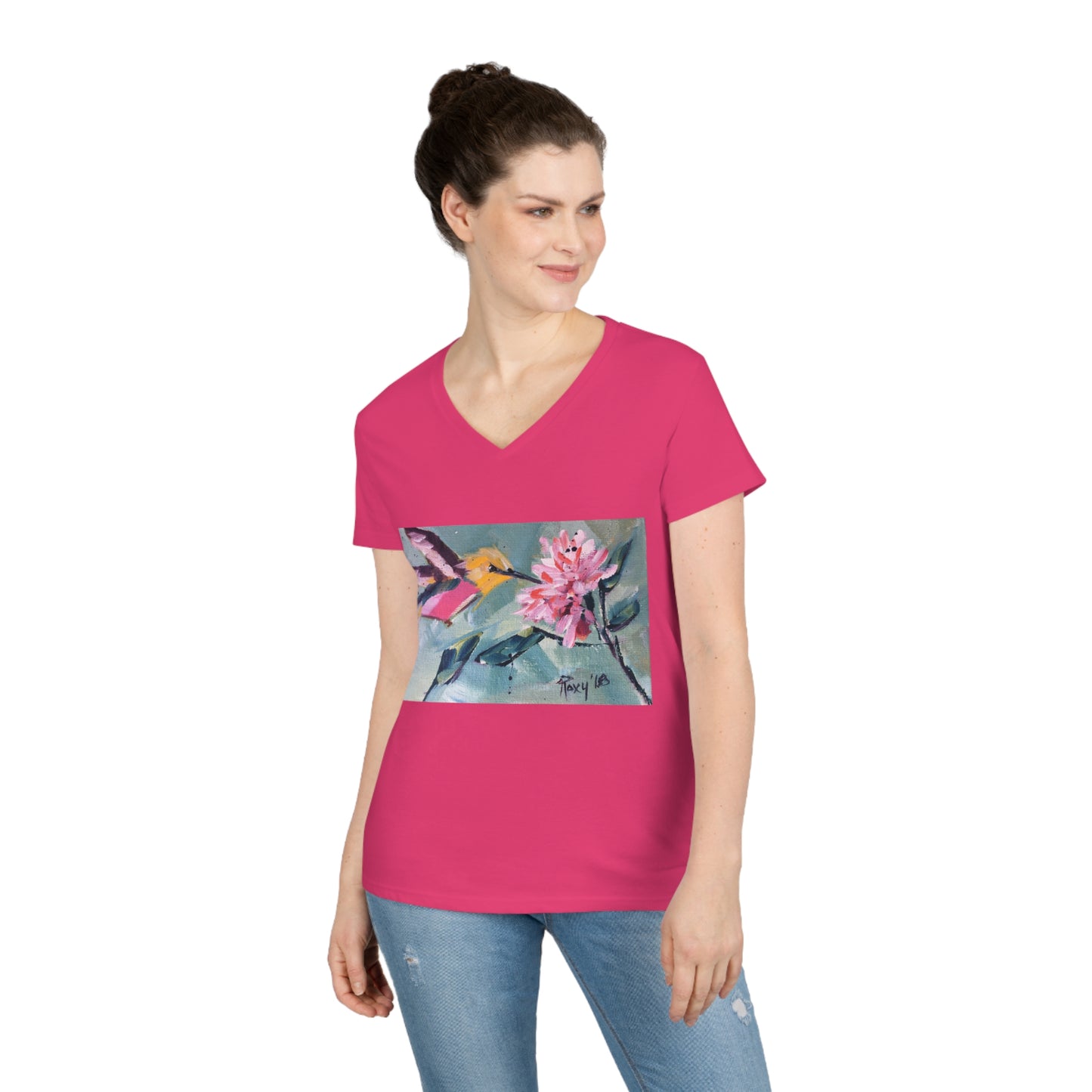 Pink Hummingbird Ladies' V-Neck T-Shirt