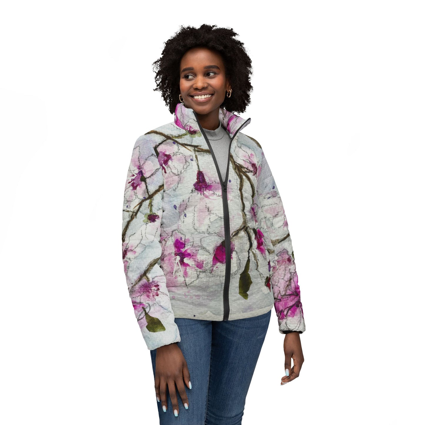 Women's Puffer Jacket - Roxy Rich Fine Art - Cherry Blossoms