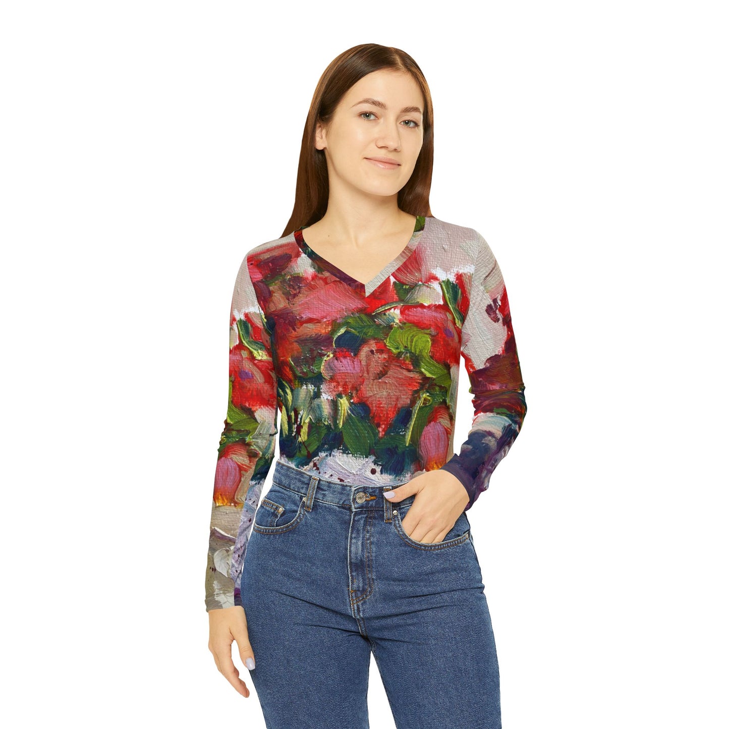Women's Long Sleeve V-neck Shirt -Basket Blooms