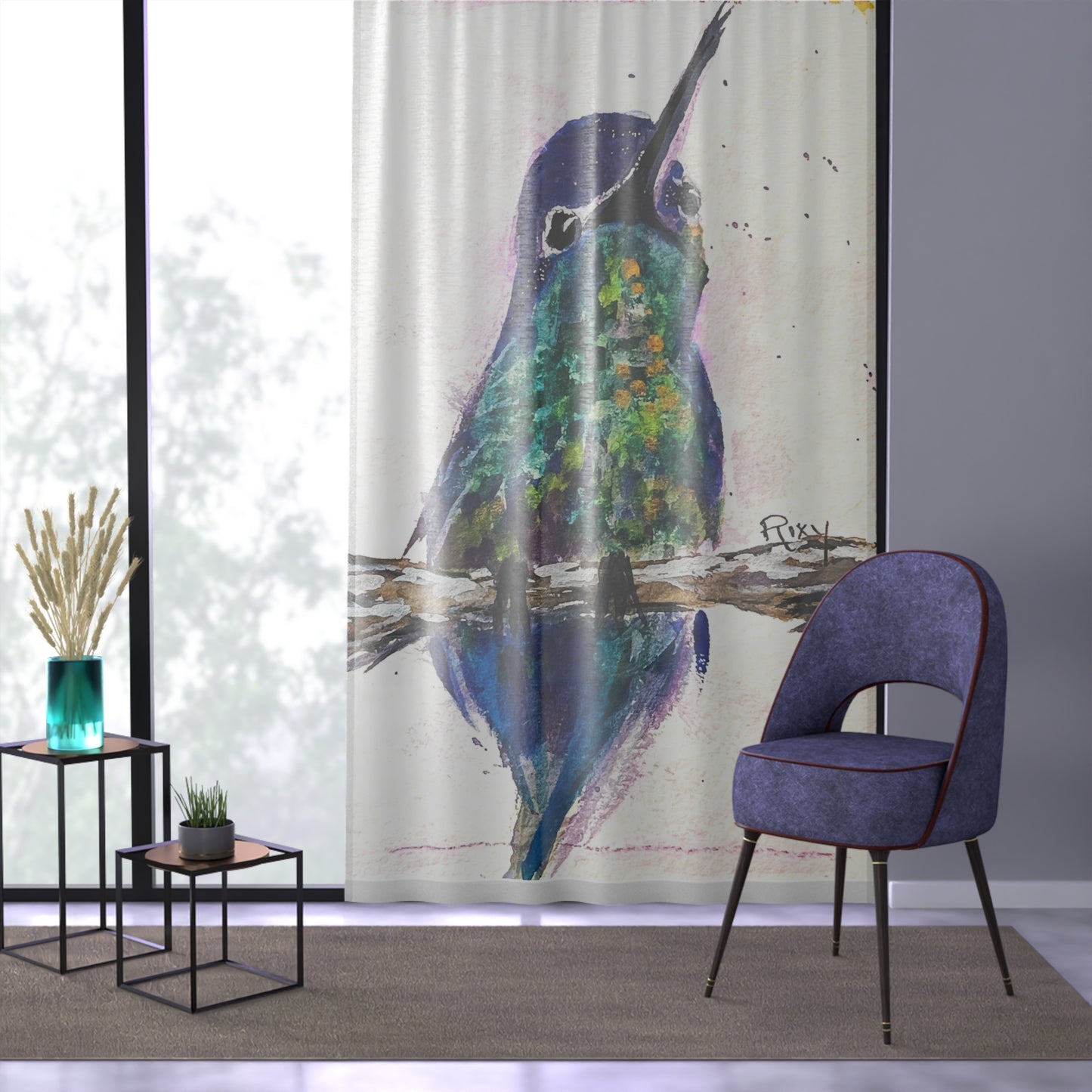 Hermoso colibrí de vientre Buff, cortina transparente para ventana de 84x50 pulgadas