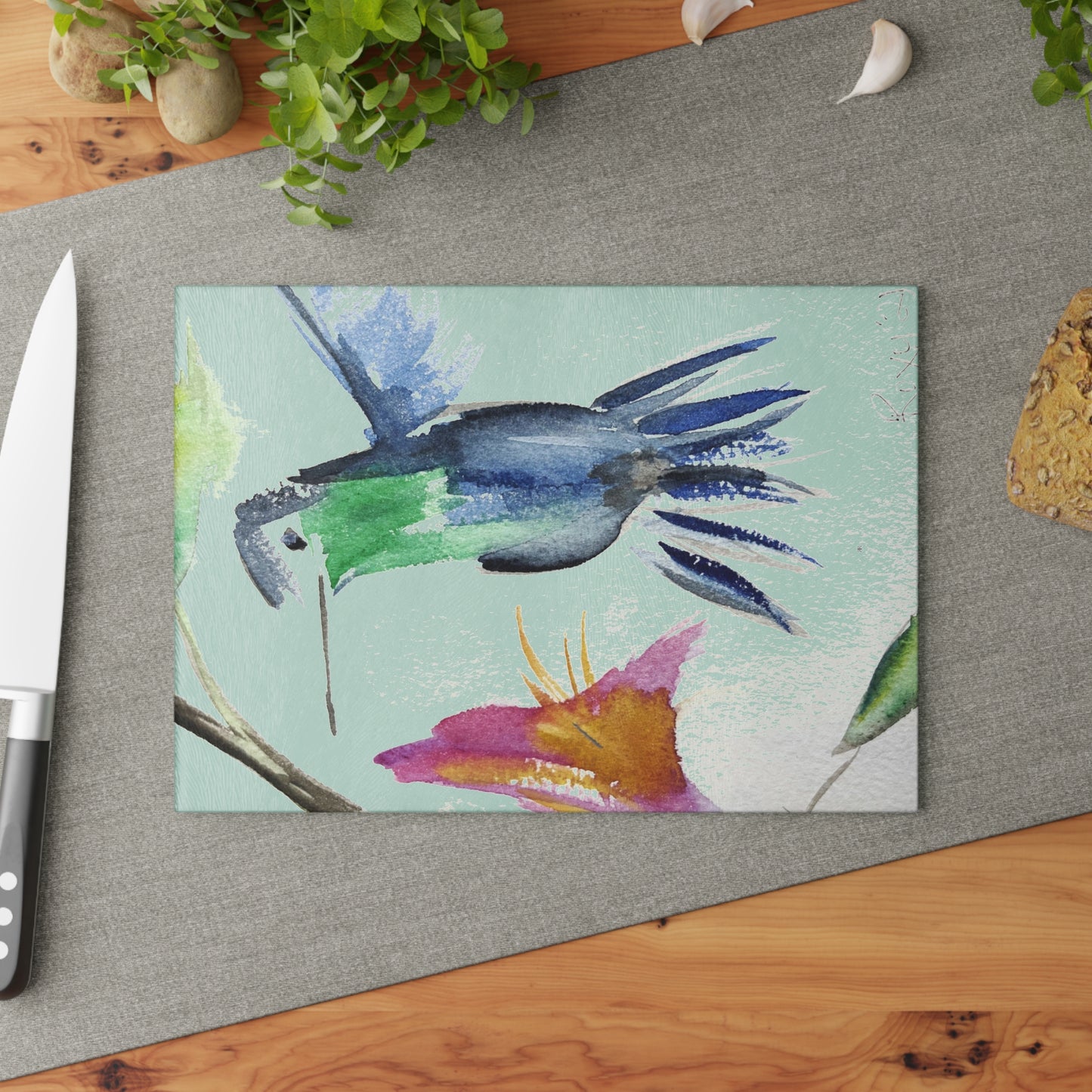 Blue Hummingbird Glass Cutting Board