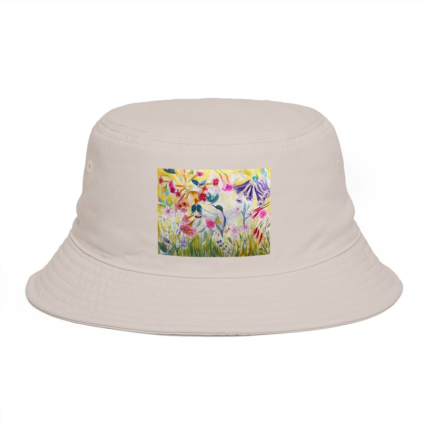 Roxy Rich Fine Art -Hummingbird in a Tube Flower Garden - Stylish Durable Bucket Hat