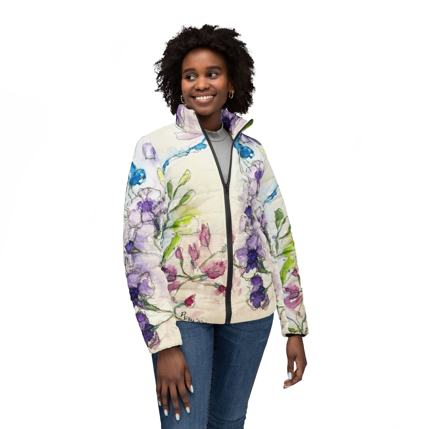 Women's Puffer Jacket - Roxy Rich Fine Art -Blue Dragonfly with Purple Tube Flowers