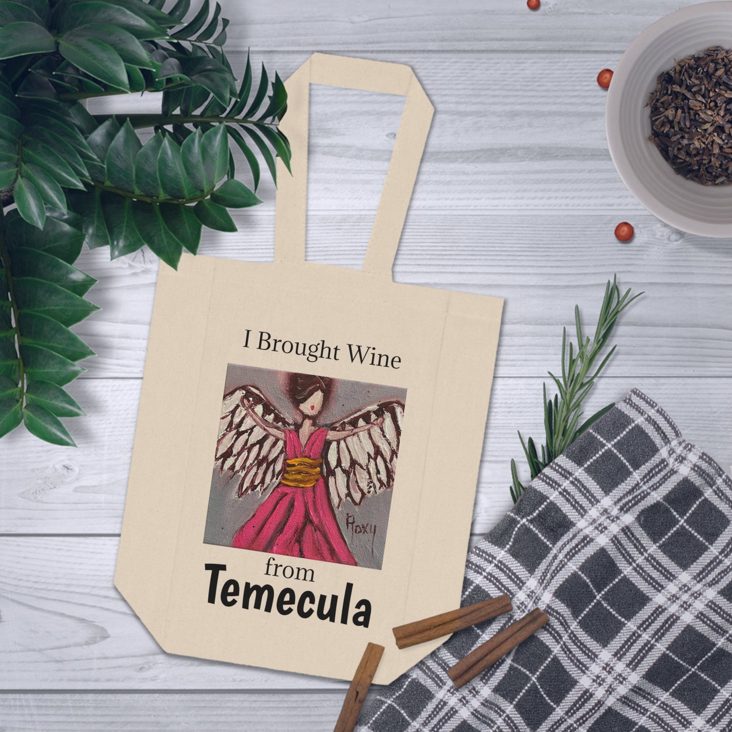 "I Brought Wine from Temecula" Double Wine Tote Bag featuring Pink Angel painting