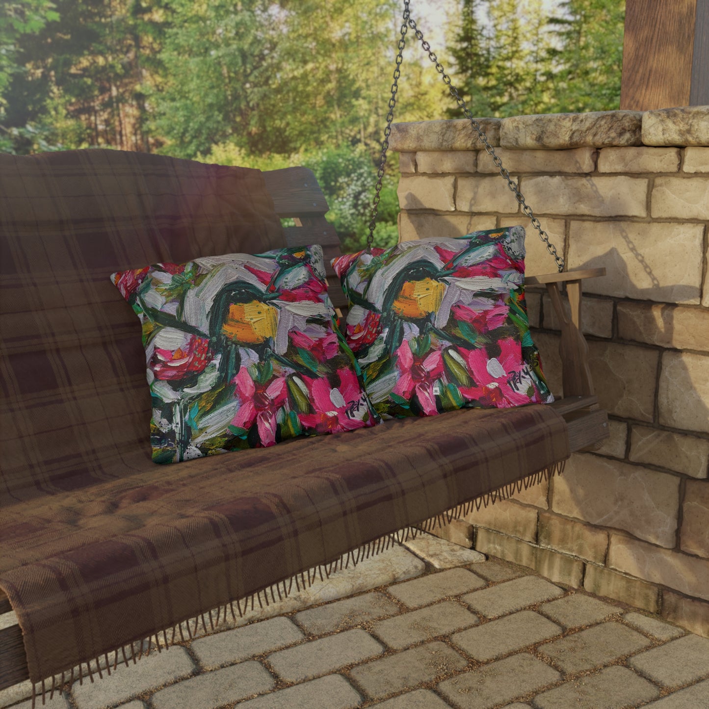 Outdoor Pillows-Colorful Encounter Goldfinch and Hummingbird