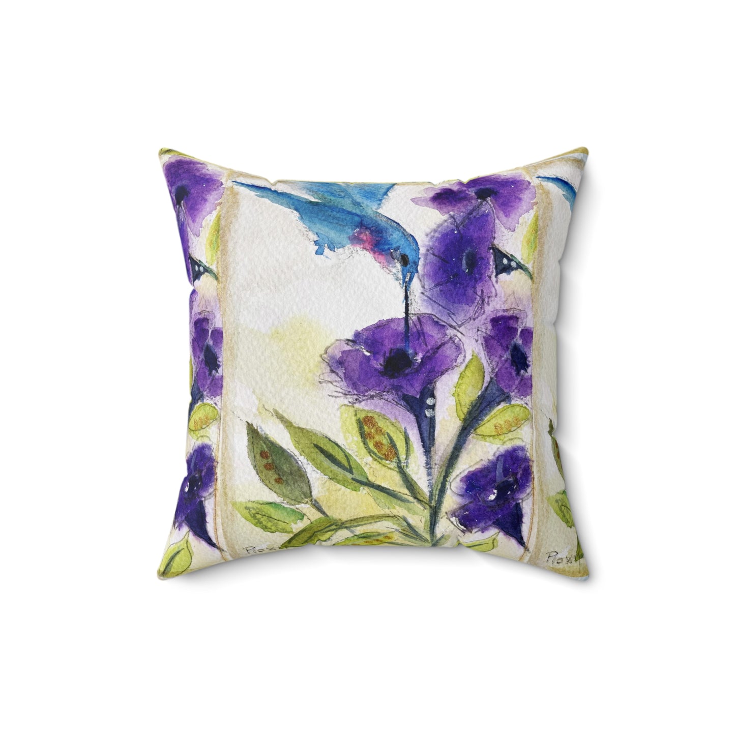 Blue Hummingbird with Purple Tube Flowers Indoor Spun Polyester Square Pillow