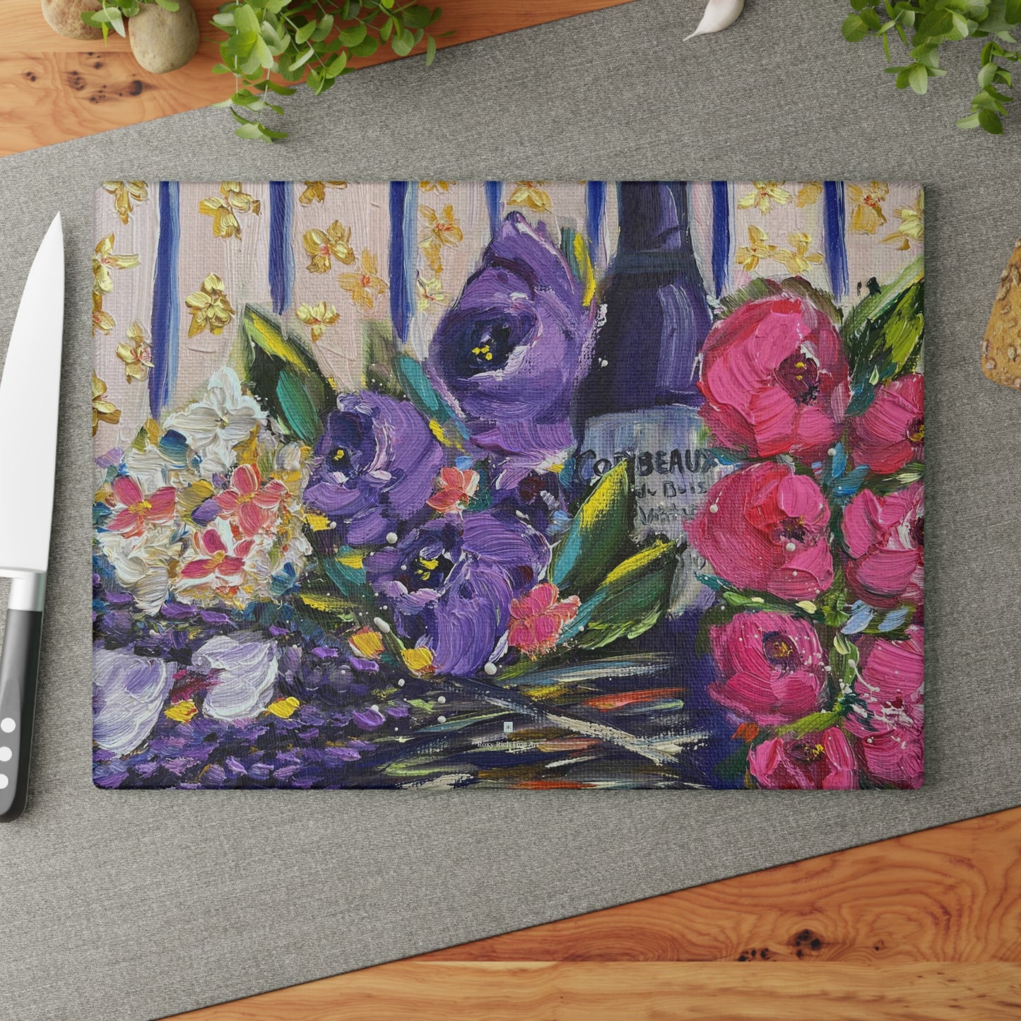 Corbeaux Wine and Flowers- Glass Cutting Board