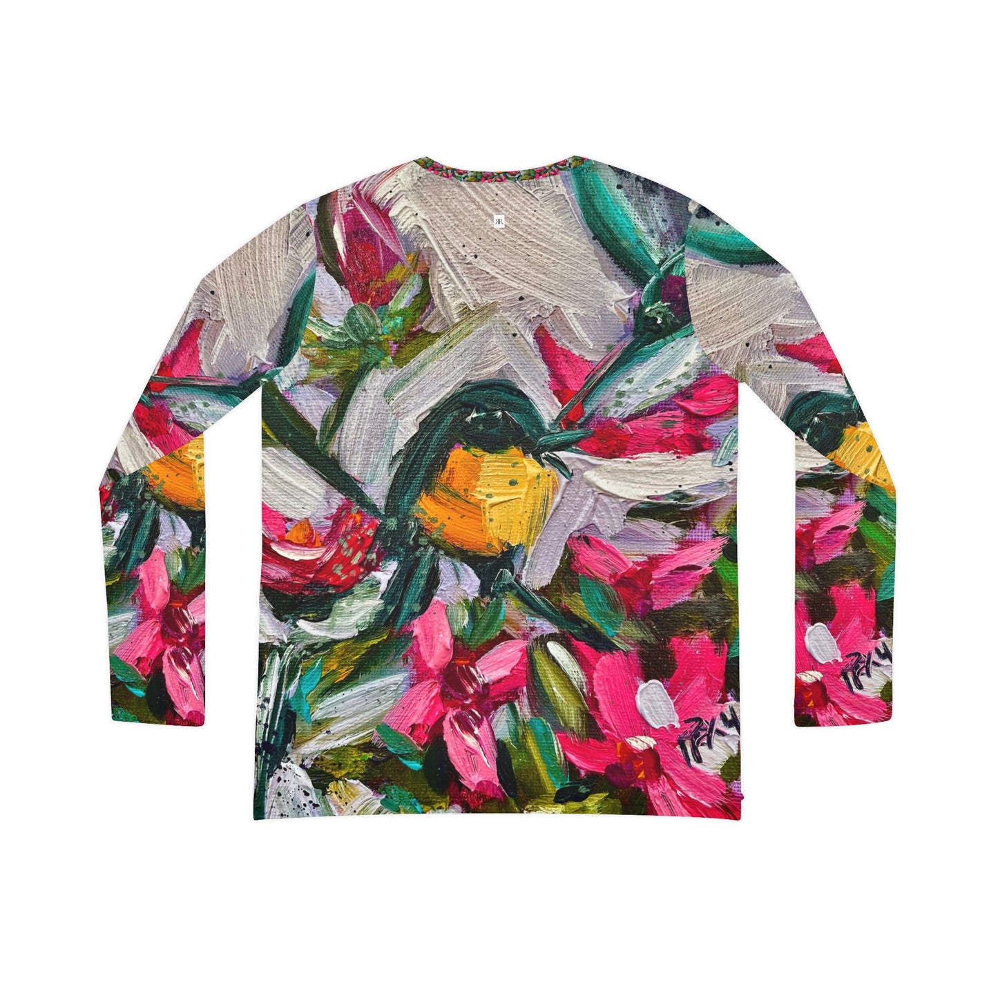 Women's Long Sleeve V-neck Shirt -Colorful Encounter-Goldfinch with Oleander Blooms