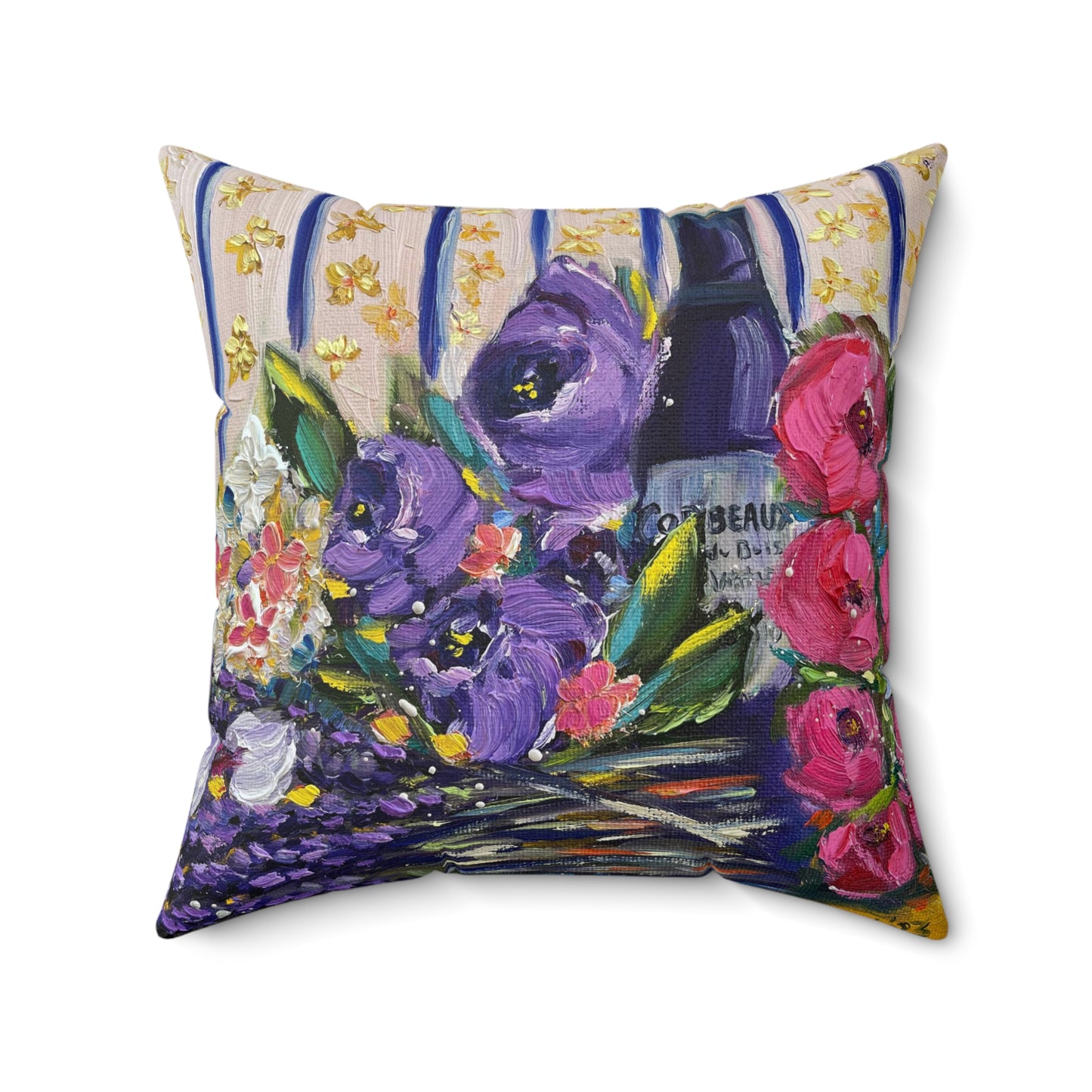 Vino y lavanda- Almohada cuadrada de poliéster hilado para interiores