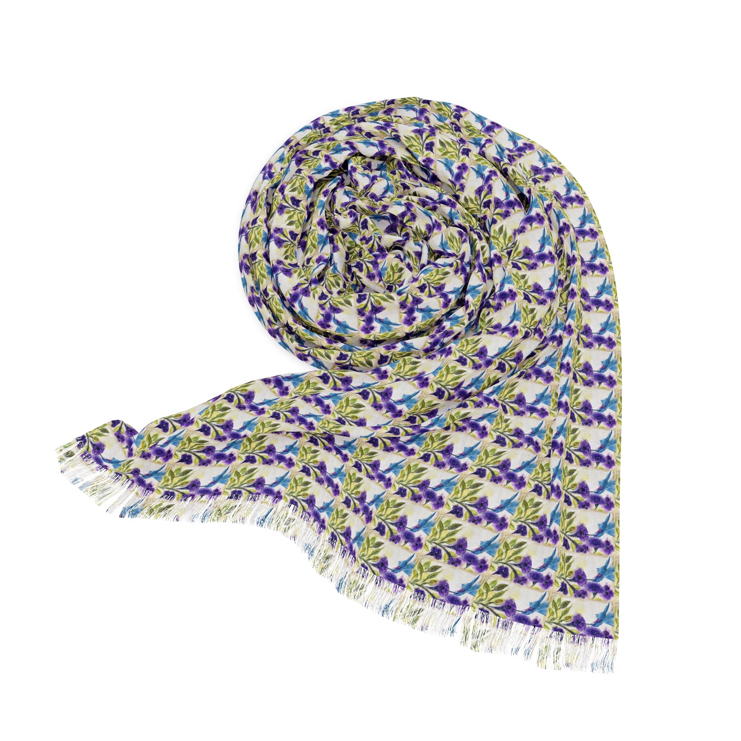 Colorful Scarf — Artistic Lightweight Neck Wrap- Hummingbird with Purple Flowers