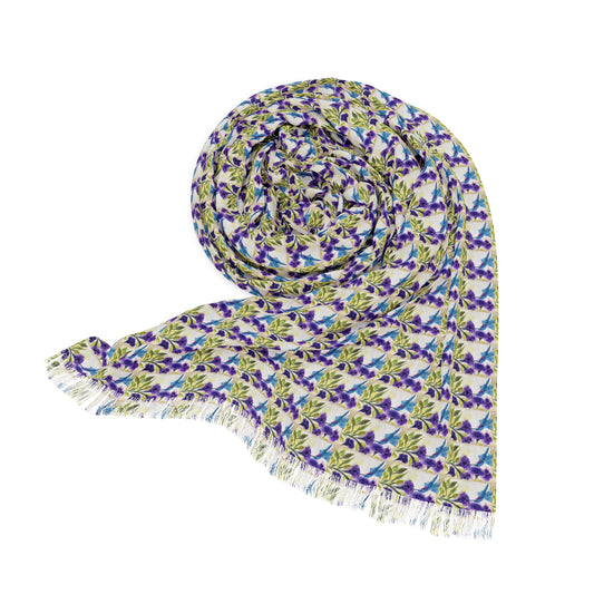 Colorful Scarf — Artistic Lightweight Neck Wrap- Hummingbird with Purple Flowers