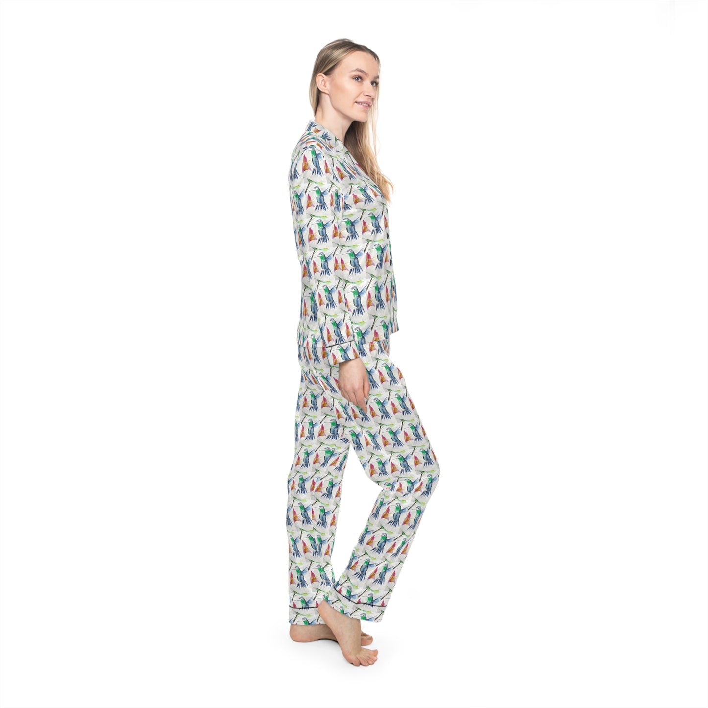 Satin Pajamas — Luxurious Silky Sleepwear Set-Floaty Blue Hummingbird