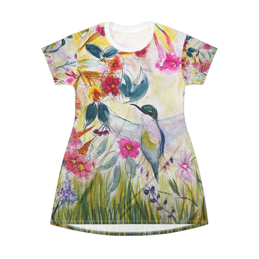 T-Shirt Dress -Hummingbird in a Tube Flower Garden