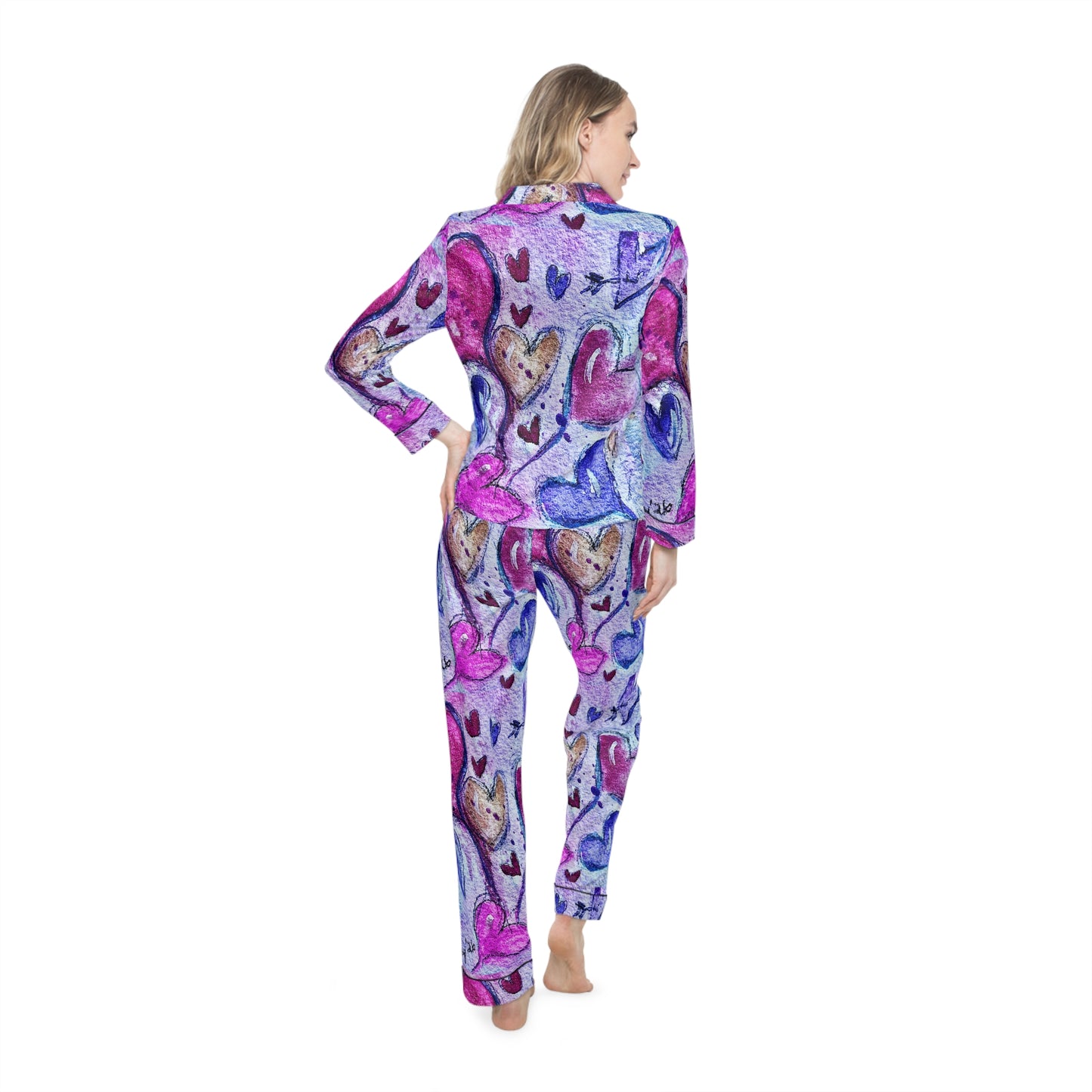 Satin Pajamas — Luxurious Silky Sleepwear Set- Floating Hearts Parade-Valentine Anniversary Wedding