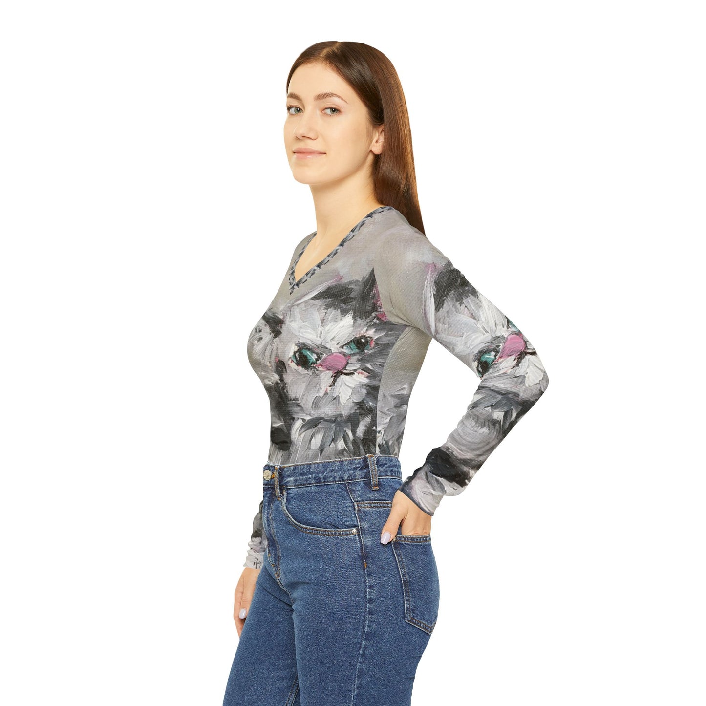 Long Sleeve Shirt- Babe Persian Cat- V-neck Women's