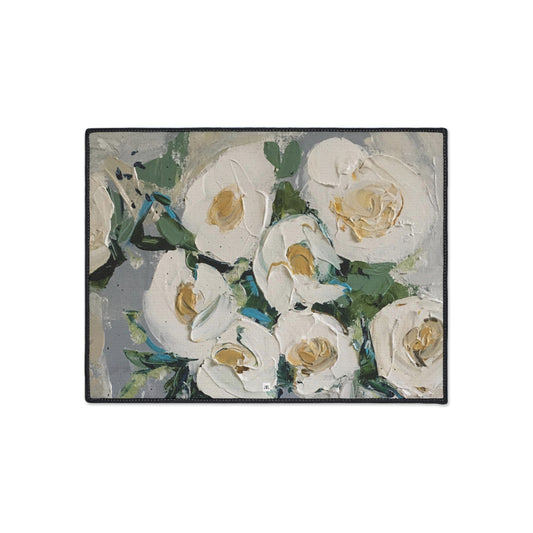 Shabby Roses #1 Alfombra de piso resistente plateada y blanca