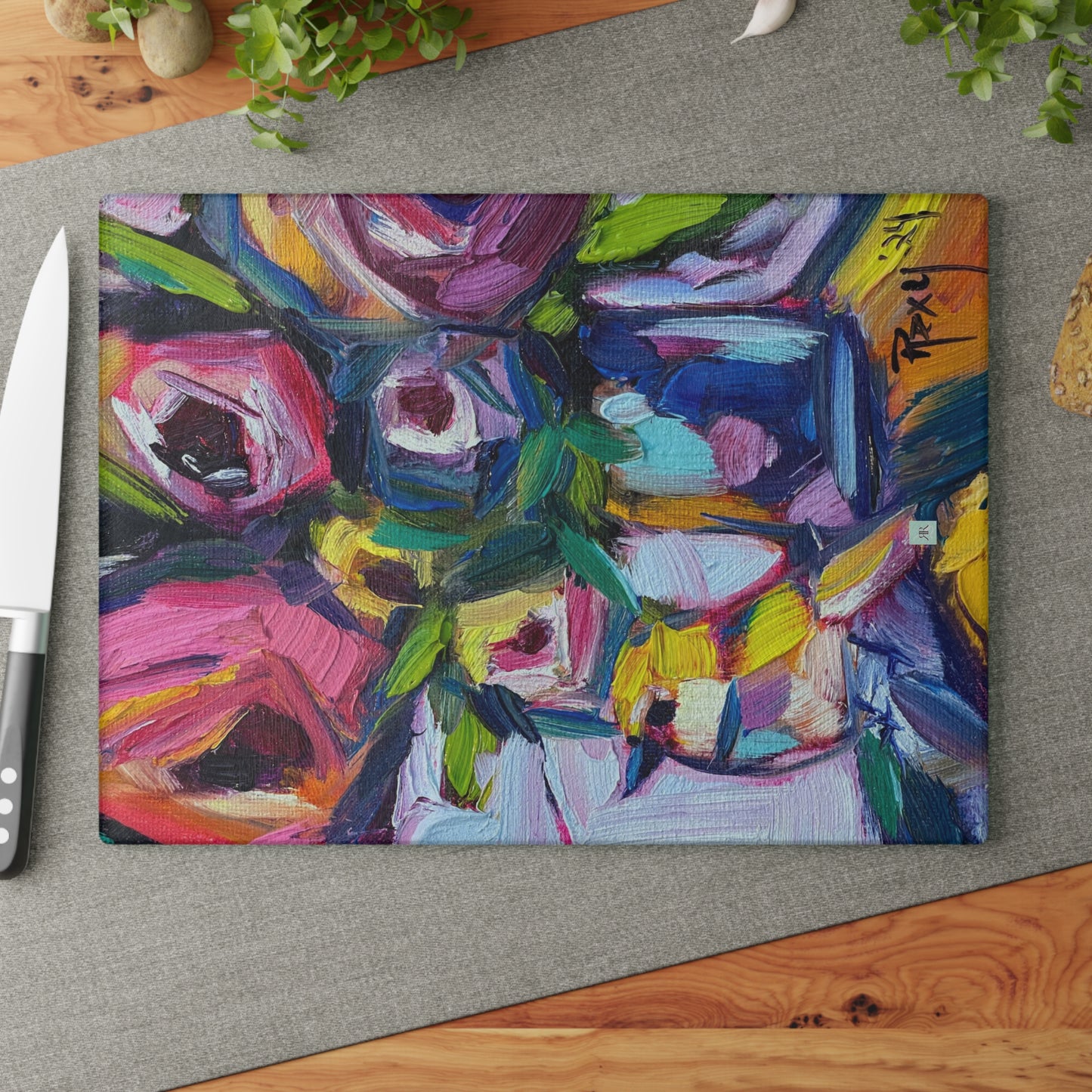 Abstract Roses and Yellow Warbler Bird Glass Cutting Board