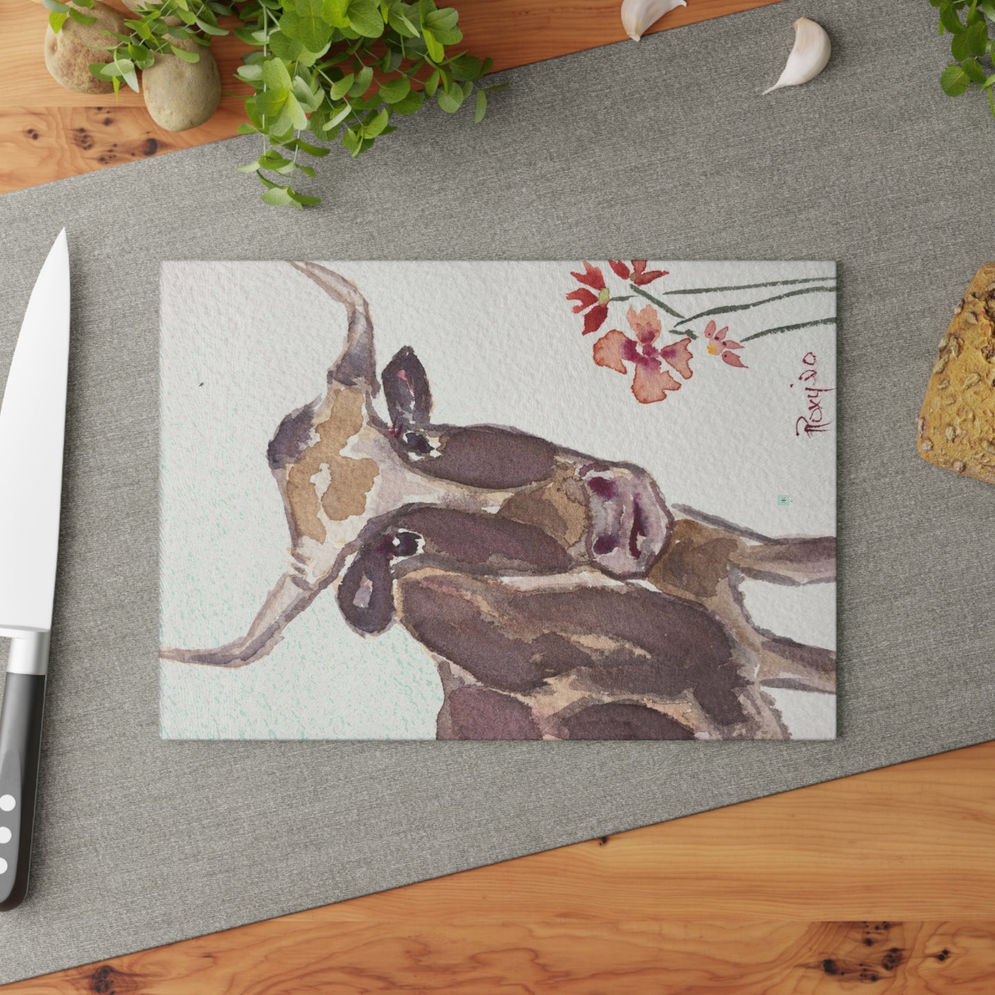 Lily Longhorn Whimsical Cow Glass Cutting Board