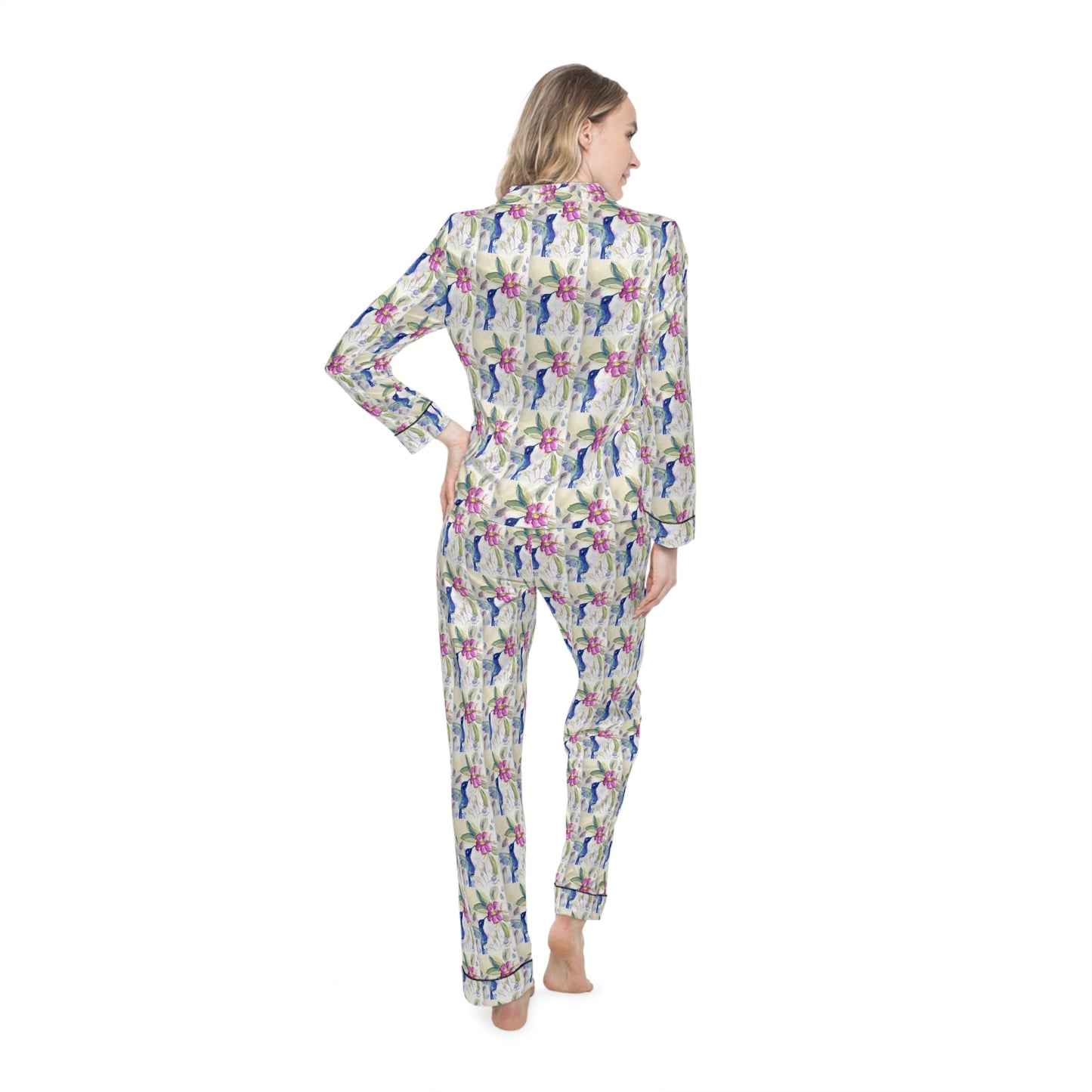 Satin Pajamas — Luxurious Silky Sleepwear Set- Hummingbird in Spring