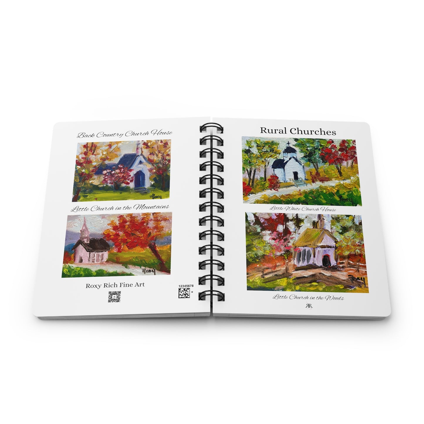 Rural Churches -Eight colorful Rural Church House Paintings- Spiral Bound Journal